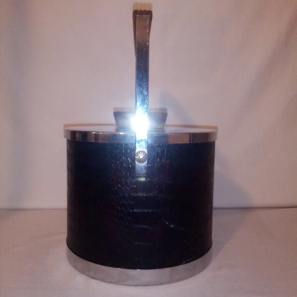 Mid Century Modern Faux Alligator, Metal & Wood Ice Bucket: Vintage